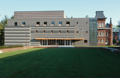 A side view of the Center for Drama and Film, showing the Frances Fergusson Quadrangle in front