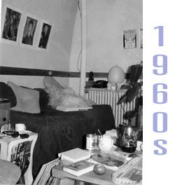A Vassar dorm room from the 1950s. A girl sits on a couch, talking on the phone, while two others sit on the floor and watch
