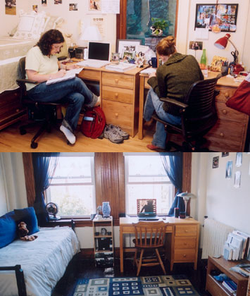 A nice, clean room along with two girls who sit studying ins a seperate room