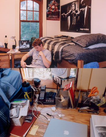 A student leans against his bed reading with a 'Pulp Fiction' poster hanging above his head. In a separate room, an Apple G4 laptop sits on a desk.