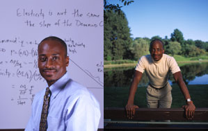 Jefferson '83 poses on a bench near Sunset Lake and also sits in front of a white board