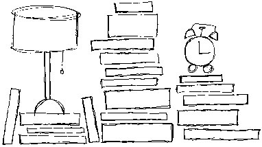 A cartoon drawing of a lamp surrounded by many books