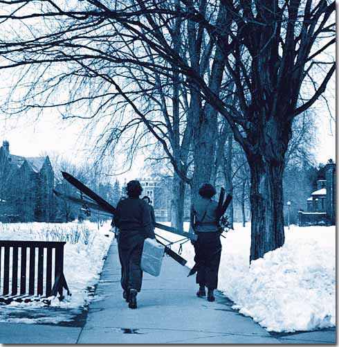 Picture of students with skis on Vassar Campus