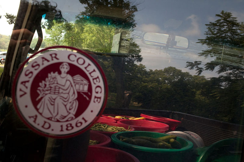 Elliott pays homage to Vassar with a sticker on his truck. While a student at the college, he met several Vassar alumnae/i cum farmers who made the profession seem “cool.”