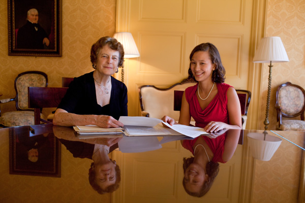Interviewers Molly Shanley, professor of political science, and women’s studies major Faren Tang ’13.