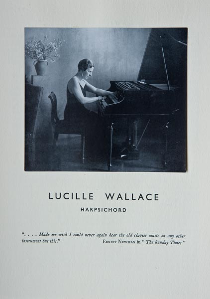 A 1930s-era brochure showing Wallace performing on her own Pleyel harpsichord (the same French instrument that her teacher Wanda Landowska played). 