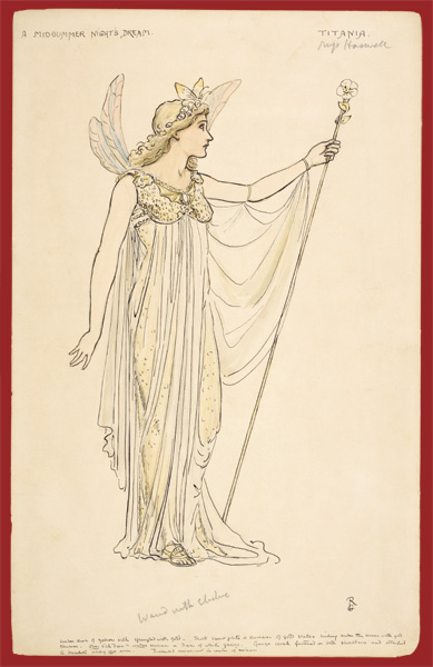 Costume illustrations for productions of Cymbeline, Midsummer Night's Dream, and Two Gentlemen of Verona are part of the Folger exhibition.