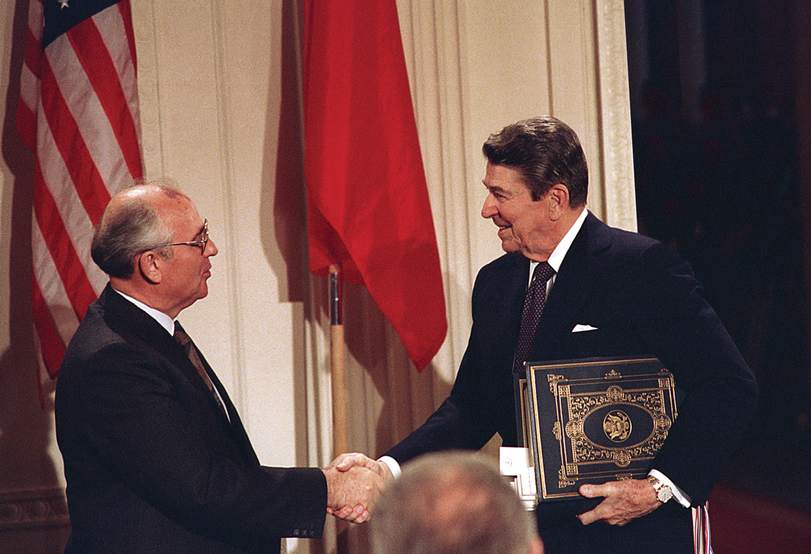 President Reagan and Mikhail Gorbachev after signing the Intermediate Range Nuclear Forces Treaty in 1987.