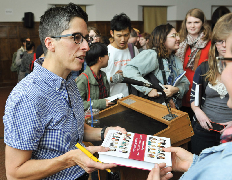 Students talk to author Alison Bechdel.