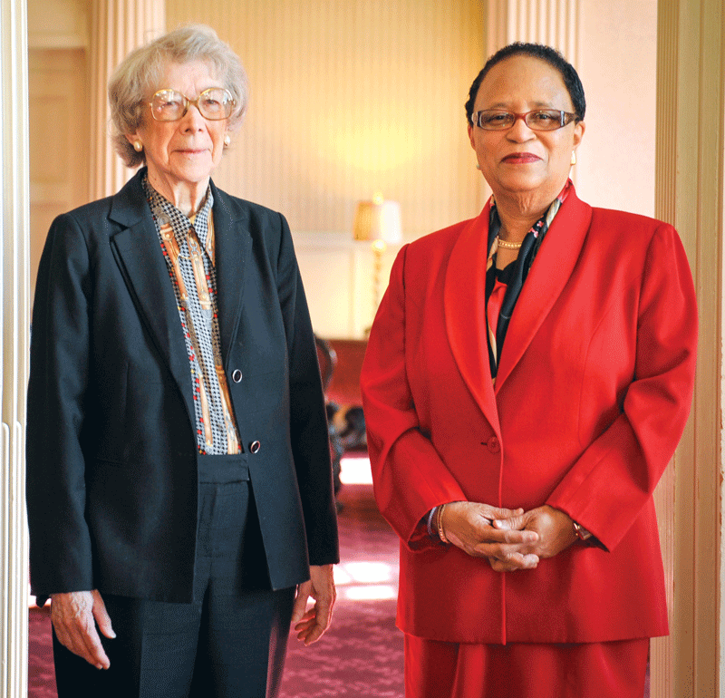 The honorable Pauline Newman '47, left, with RPI president Shirley Ann Jackson, the inaugural speaker in the STS series.
